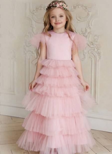 Pink Colour Exclusive Party Wear Designer South Cotton With Soft Net Kids Heavy Gown Girls Wear Collcetion Kajri-1